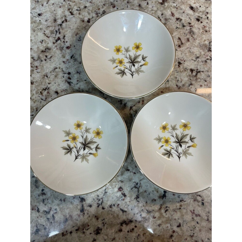 3 Vintage Edwin Knowles Sun Light Dessert Bowls 1950s Yellow Flowers Gold Trim